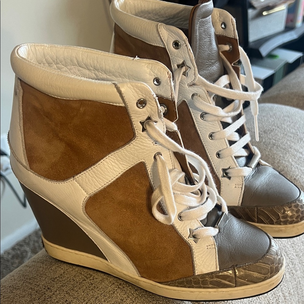 Jimmy Choo Brown and White Wedge Sneakers